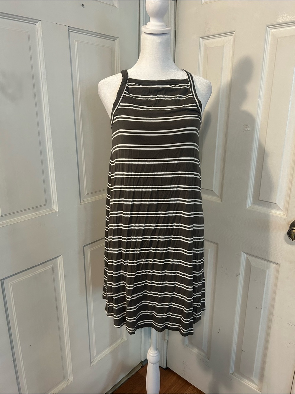 Striped Gray & White Sleeveless Halter Dress w/ Built-In Bra